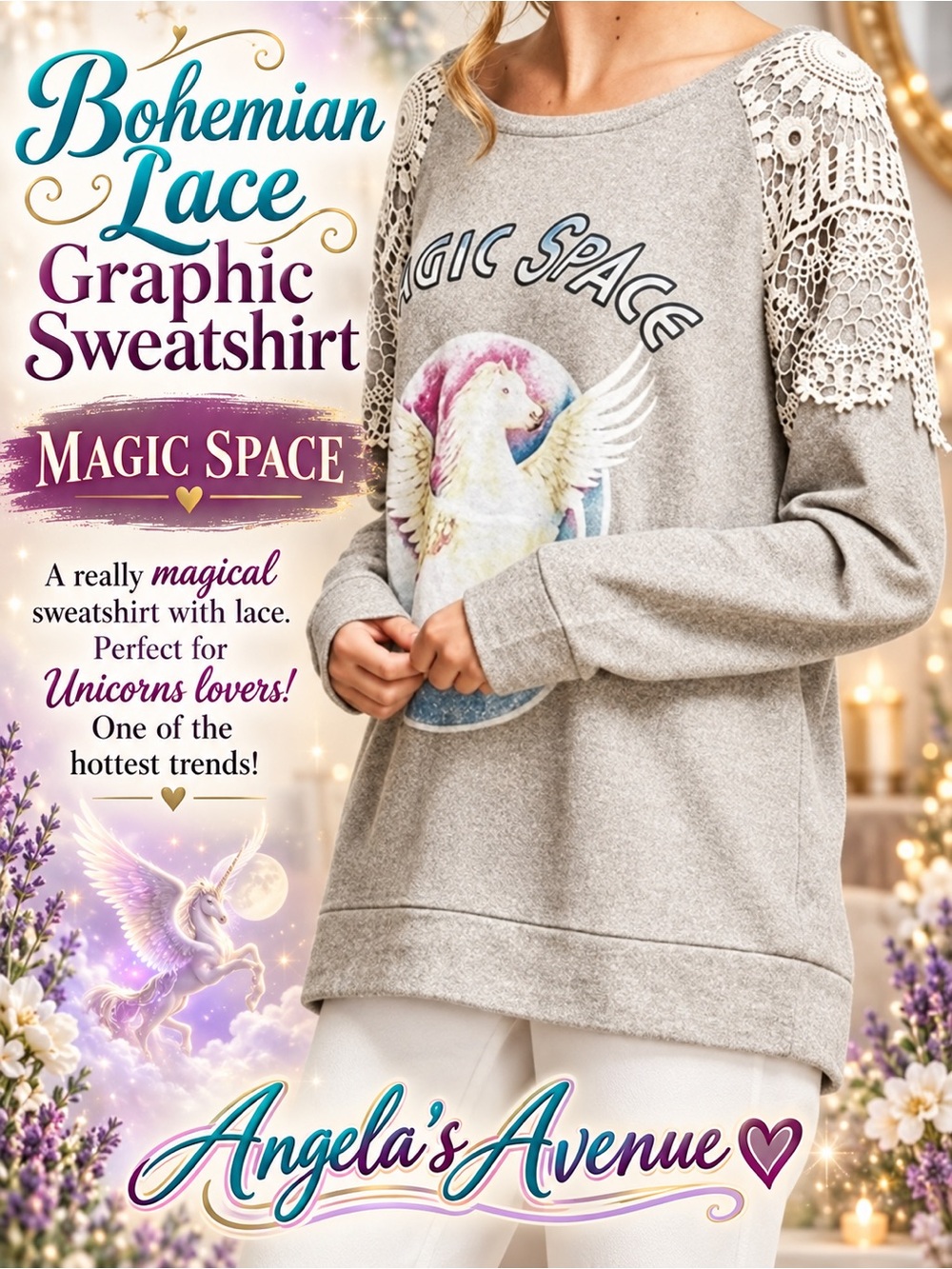 Unicorn Boho Lace Graphic Sweatshirt Magic Space NEW